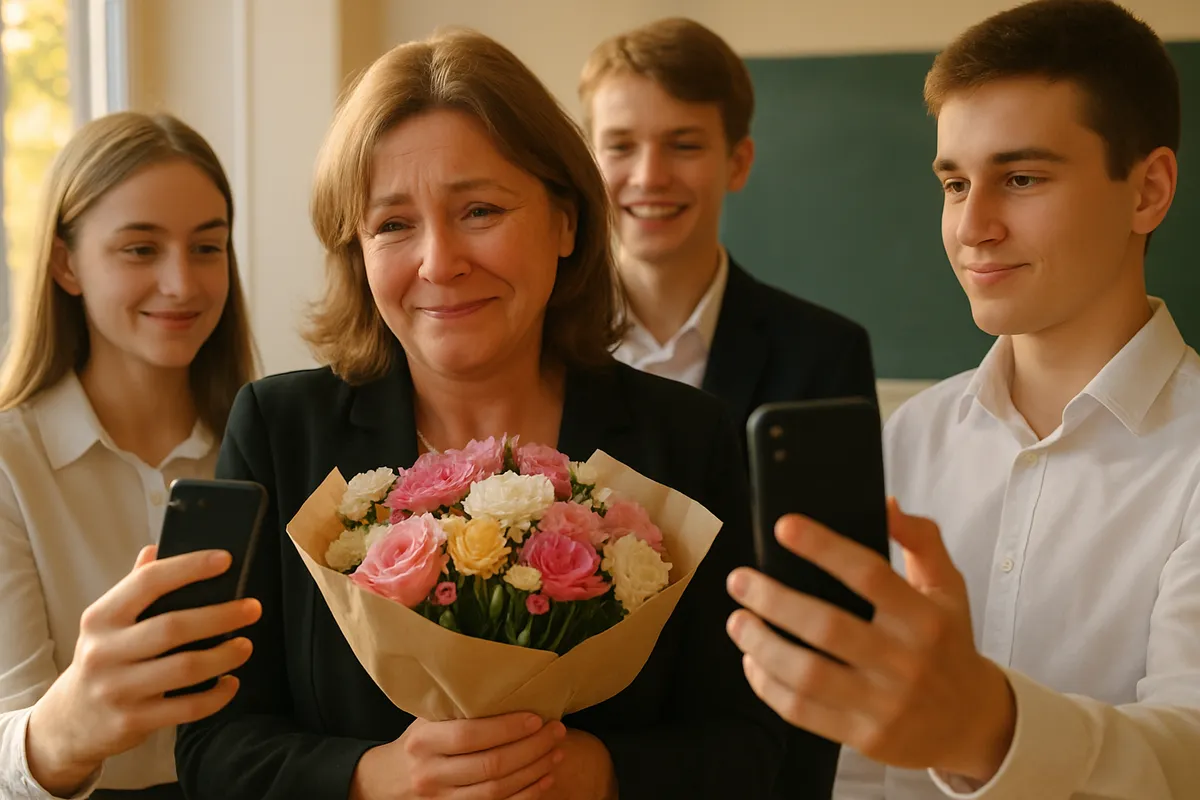 Учительница с букетом слушает песню, которую ей включили ученики